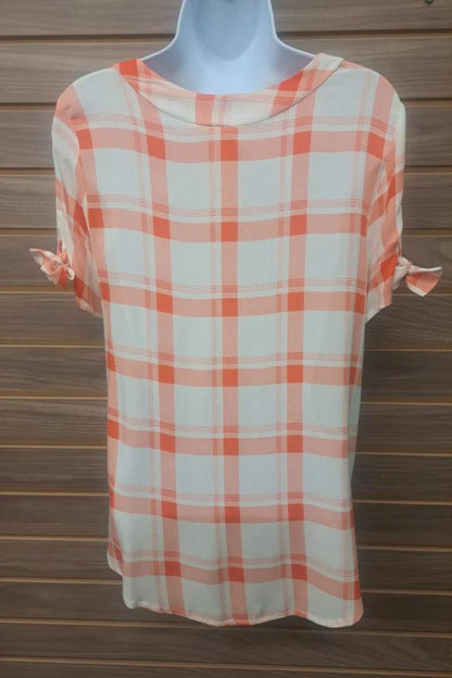 Tied short sleeve orange plaid linen