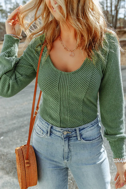 U NECK TEXTURED LONG SLEEVE TOP
