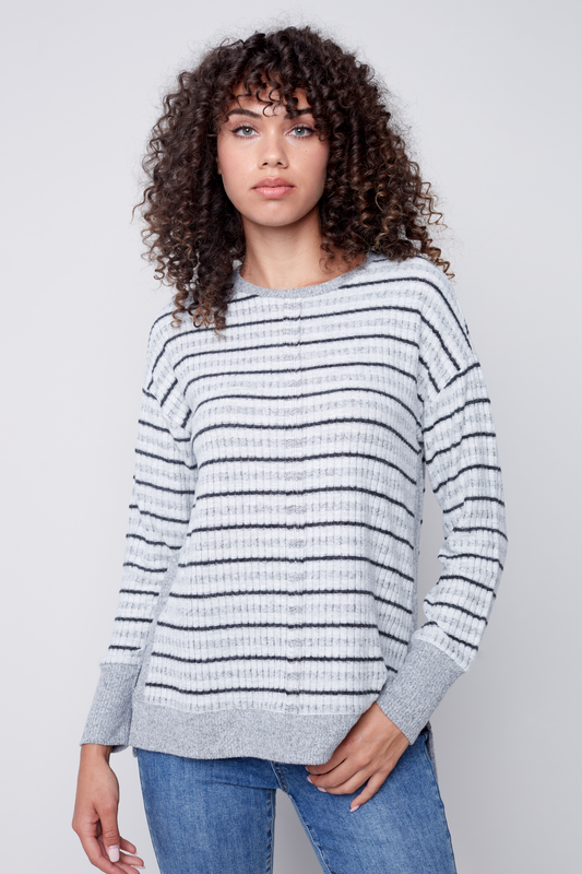 Crew Neck Long Sleeve Plushy Knit Drop-Shoulder Top