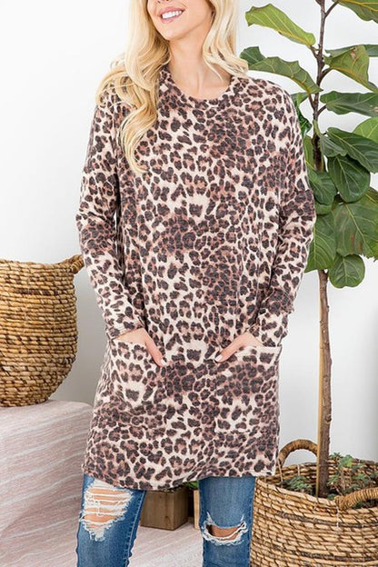 Round Neck Pocket Detail Animal Print Tunic Top