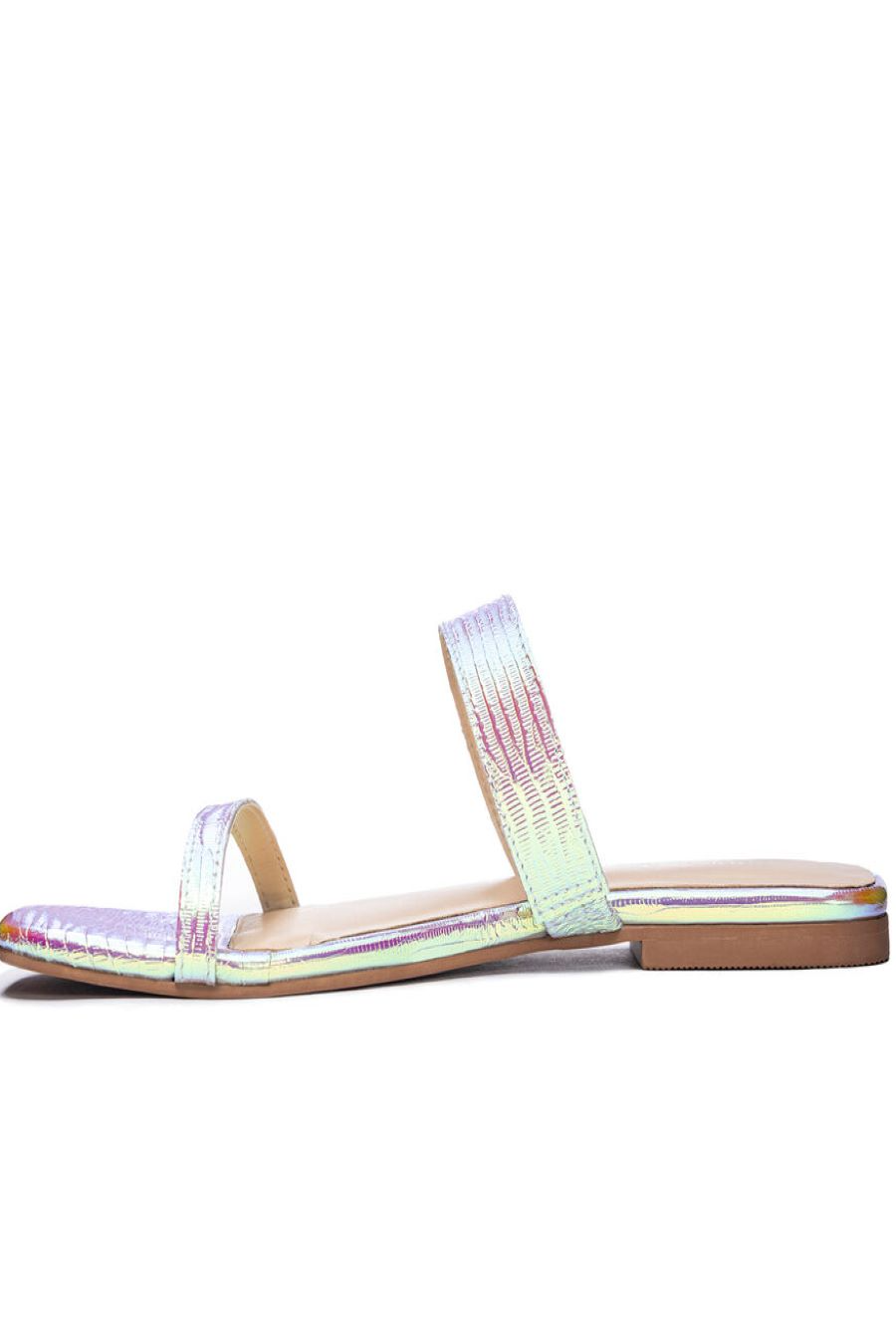 Iridescent-Strap Slide Sandals