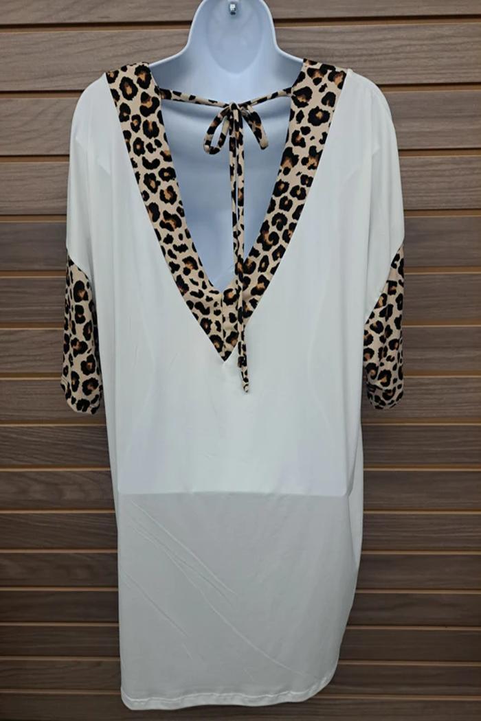 Plus V Neck Tie Back Leopard Trim