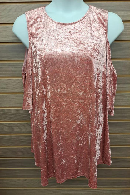 Pink Velour Cold Shoulder One Top Button Back