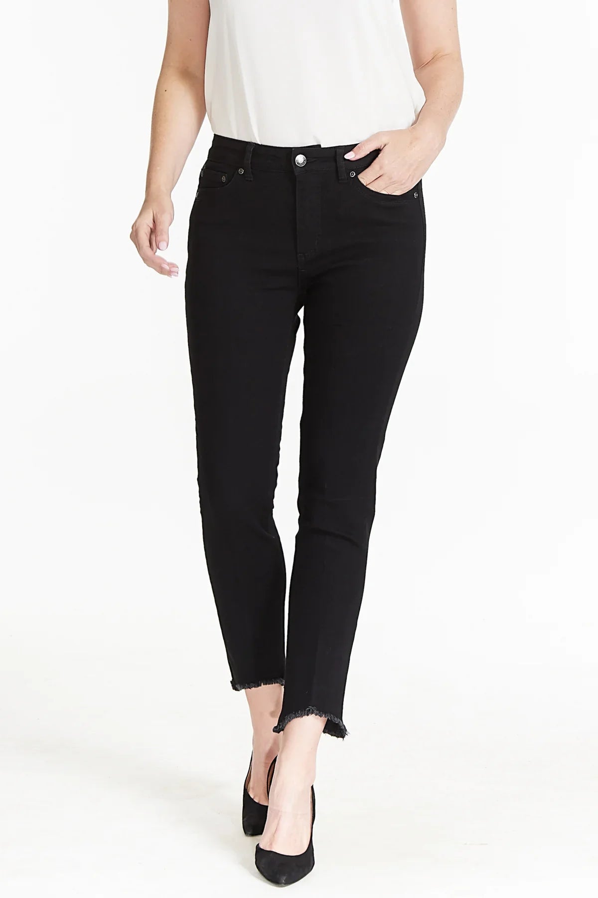 CONTOUR WAIST 5 PKT HI-LO FRINGE HEM ANKLE JEAN