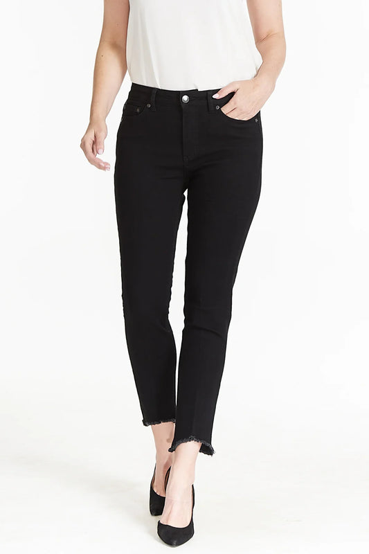 CONTOUR WAIST 5 PKT HI-LO FRINGE HEM ANKLE JEAN