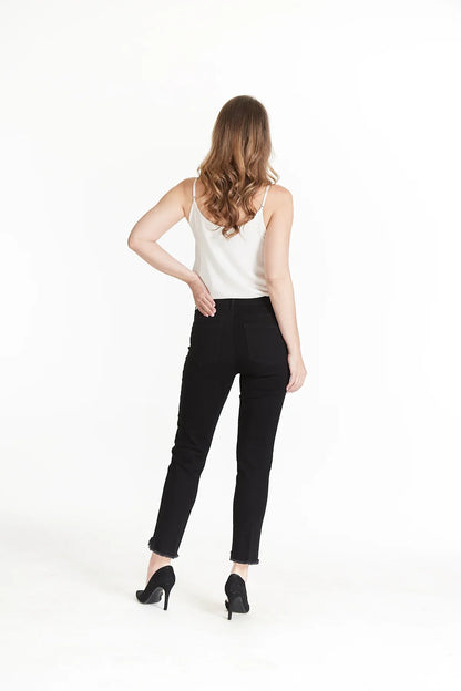 CONTOUR WAIST 5 PKT HI-LO FRINGE HEM ANKLE JEAN