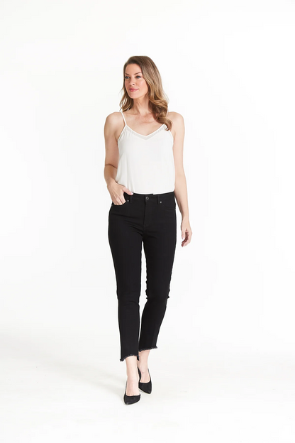 CONTOUR WAIST 5 PKT HI-LO FRINGE HEM ANKLE JEAN