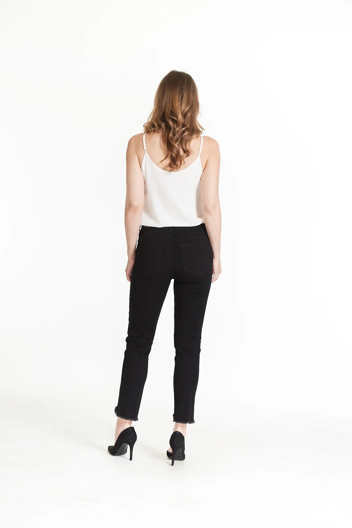 CONTOUR WAIST 5 PKT HI-LO FRINGE HEM ANKLE JEAN
