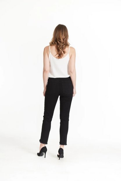 CONTOUR WAIST 5 PKT HI-LO FRINGE HEM ANKLE JEAN