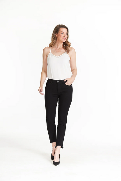 CONTOUR WAIST 5 PKT HI-LO FRINGE HEM ANKLE JEAN