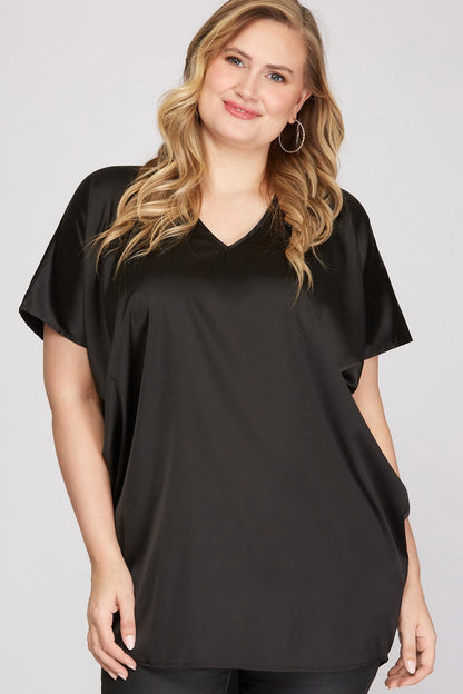 Drop-Shoulder Batwing Satin-Top