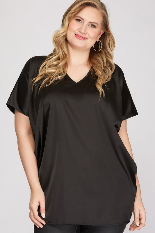 Drop-Shoulder Batwing Satin-Top