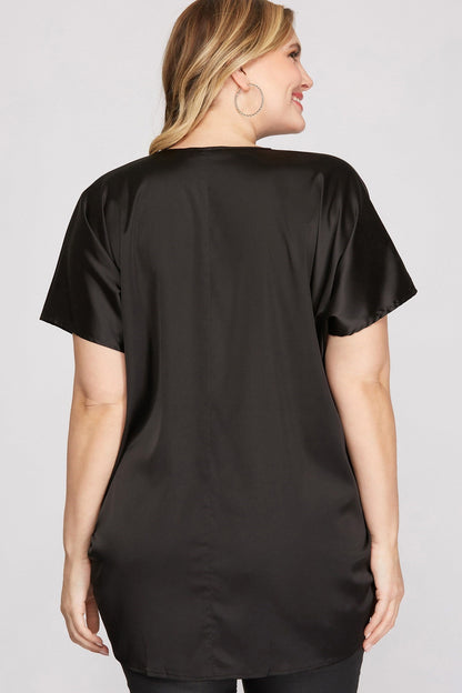 Drop-Shoulder Batwing Satin-Top