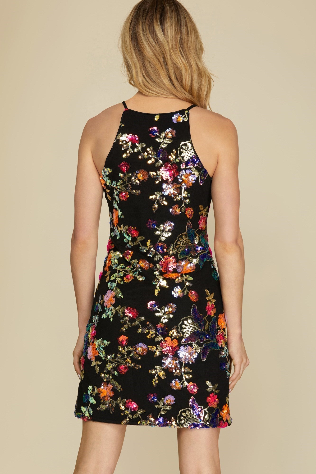 Floral Sequin Mesh Halter Neck Dress
