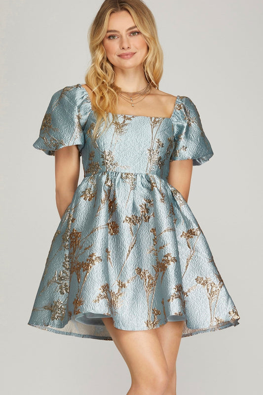 Puff Sleeve Metallic Jaquard Baby Doll Dress