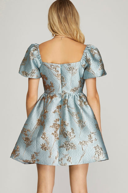 Puff Sleeve Metallic Jaquard Baby Doll Dress