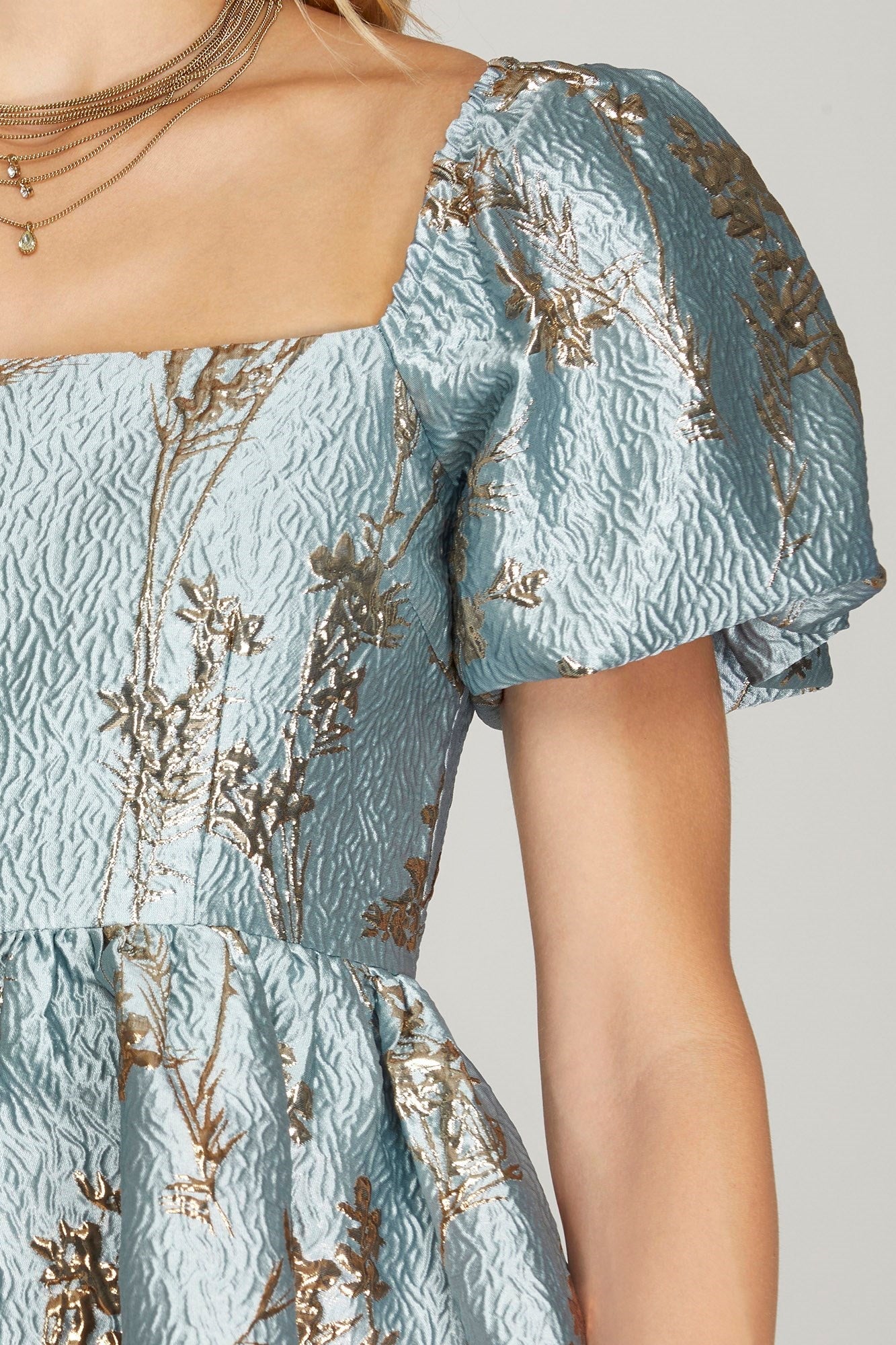 Puff Sleeve Metallic Jaquard Baby Doll Dress