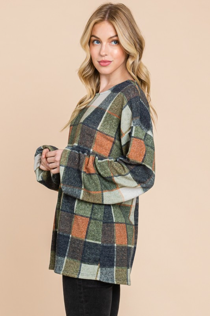 Puff Sleeve Plaid Top