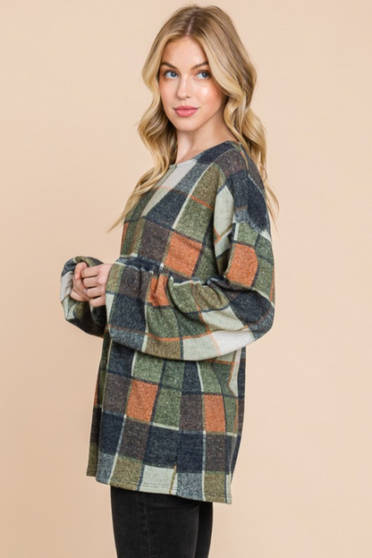 Puff Sleeve Plaid Top