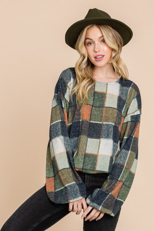 Puff Sleeve Plaid Top