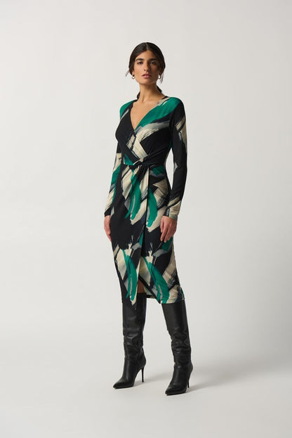 Abstract Print Wrap Dress- Black Multi