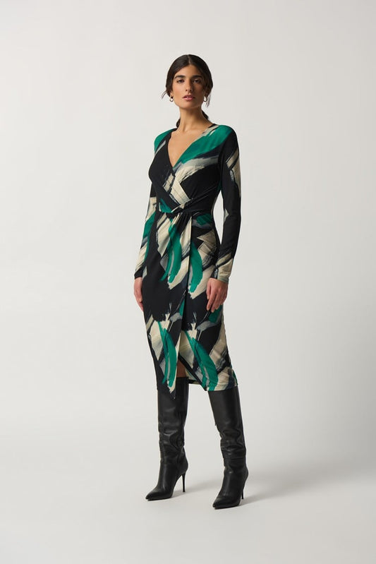 Abstract Print Wrap Dress- Black Multi