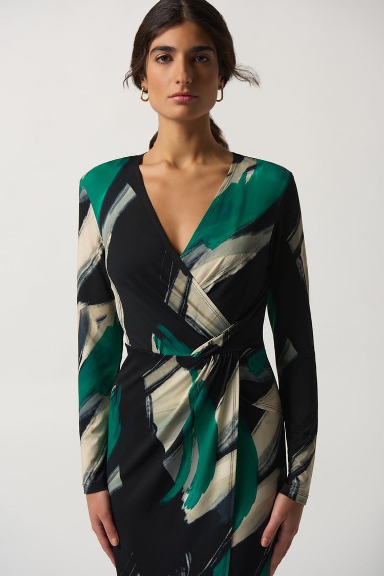 Abstract Print Wrap Dress- Black Multi
