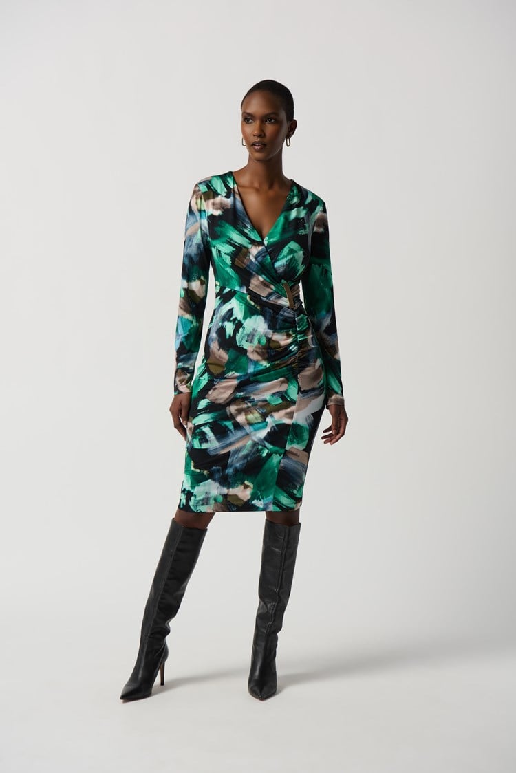 Abstract Print Silky Knit Wrap Dress With Ornament- Black/Multi