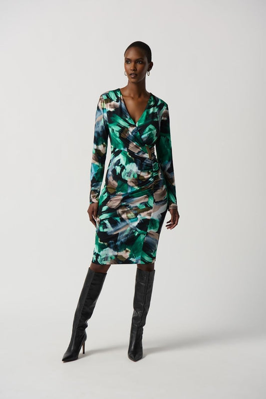 Abstract Print Silky Knit Wrap Dress With Ornament- Black/Multi