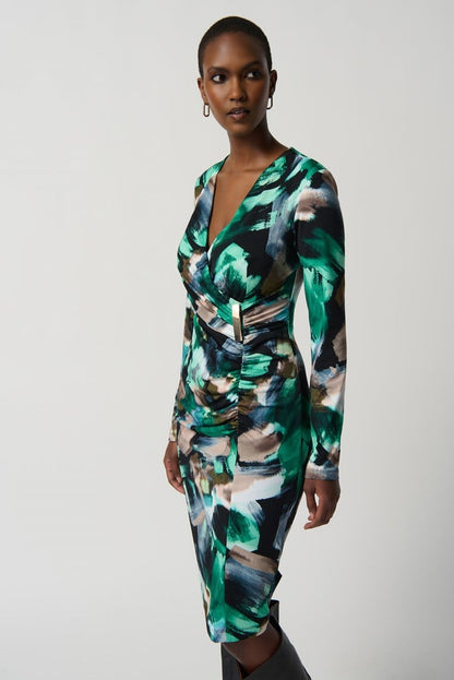 Abstract Print Silky Knit Wrap Dress With Ornament- Black/Multi