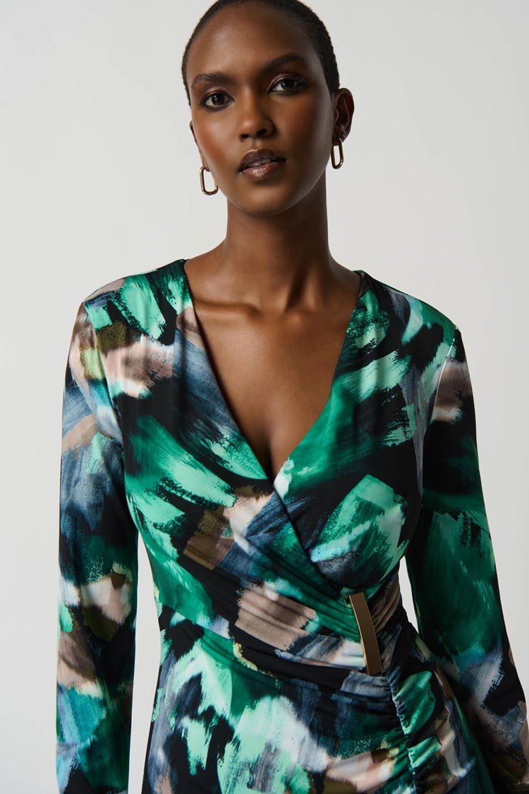Abstract Print Silky Knit Wrap Dress With Ornament- Black/Multi