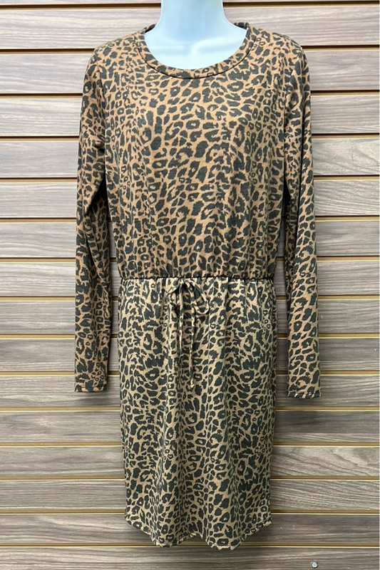 Long sleeved leopard dress tie at waist
