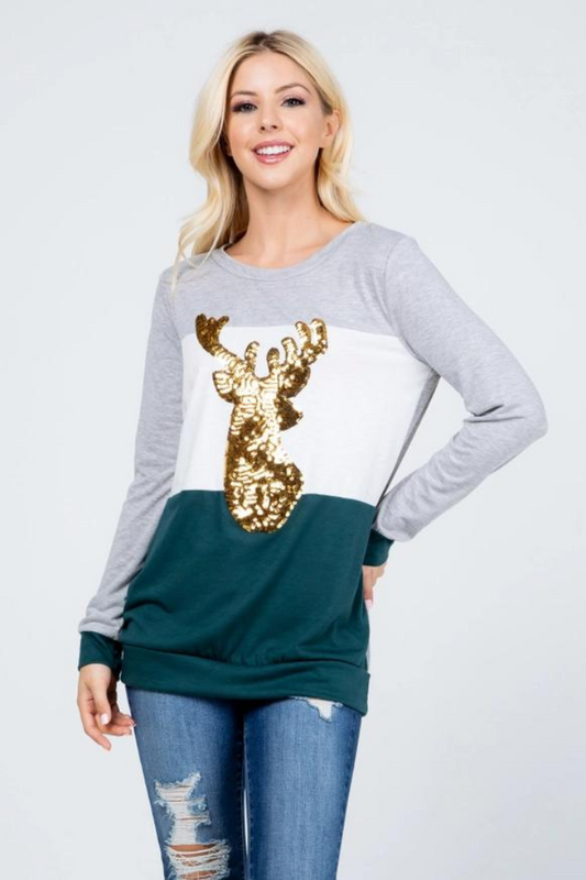 Christmas Reindeer Sequin Long Sleeve Top