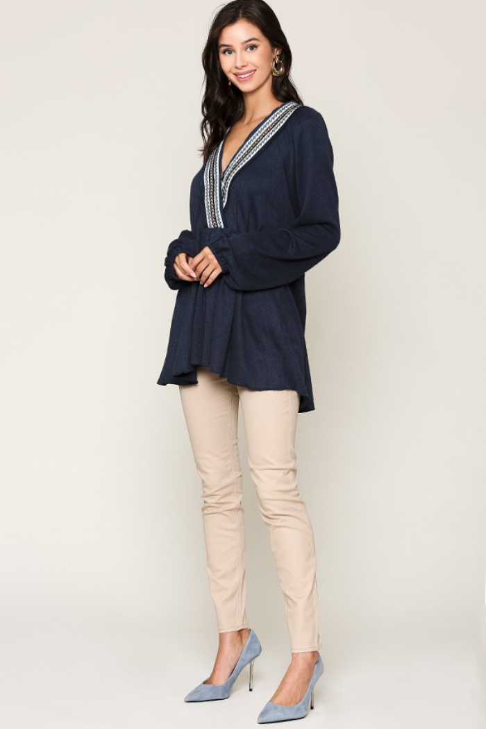 Tribal Trim Surplice Sweater Top