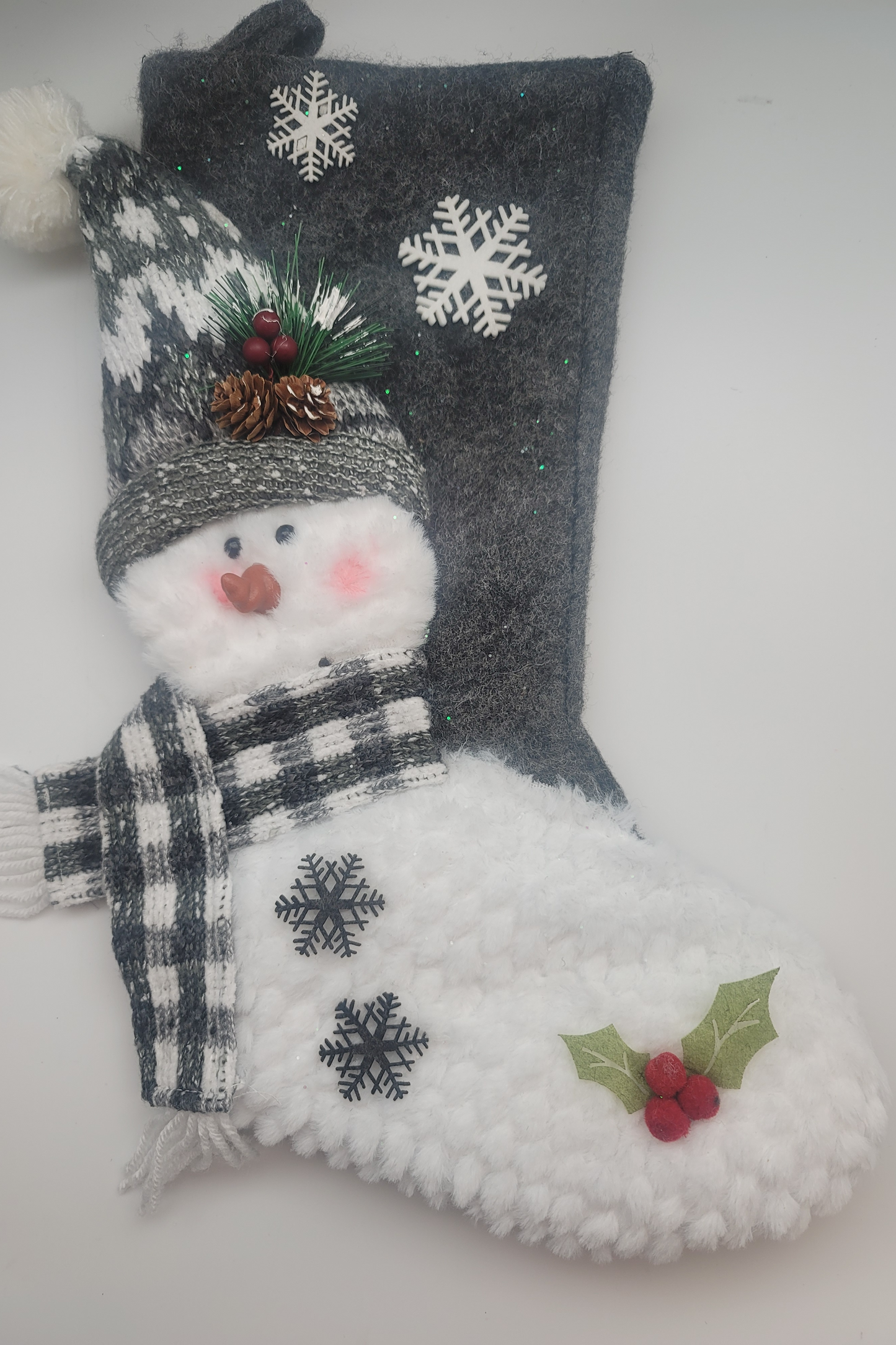Gray snow man Christmas stocking