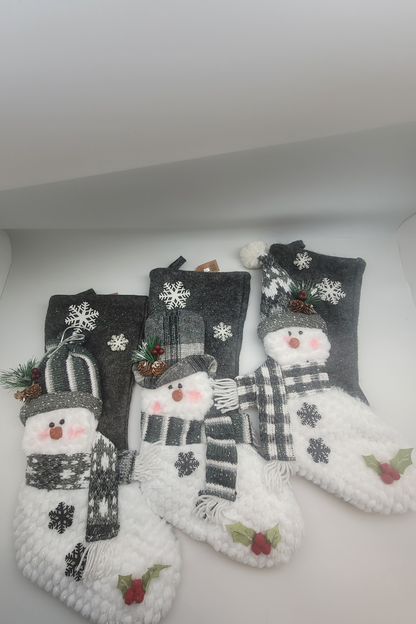 Gray snow man Christmas stocking