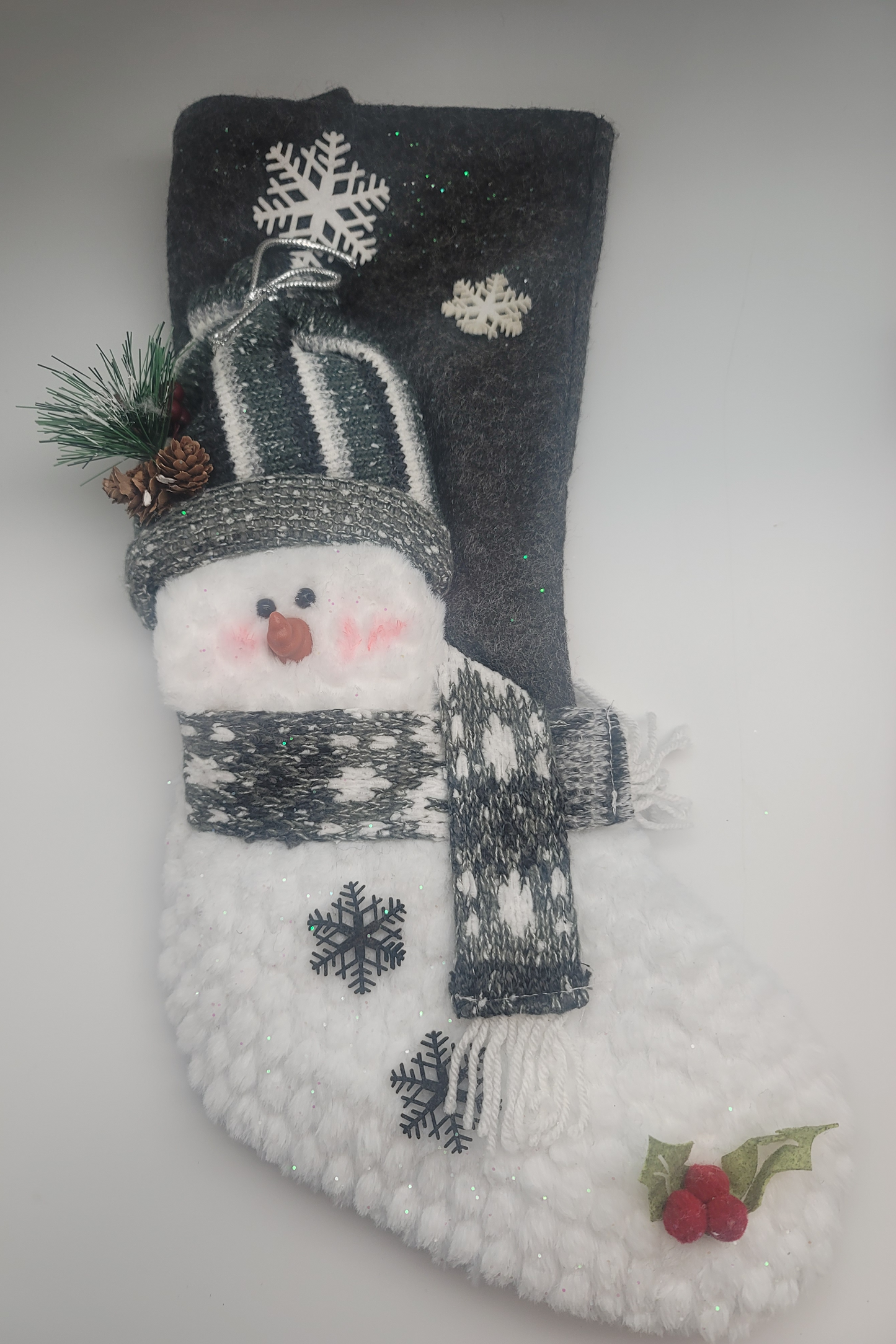 Gray snow man Christmas stocking