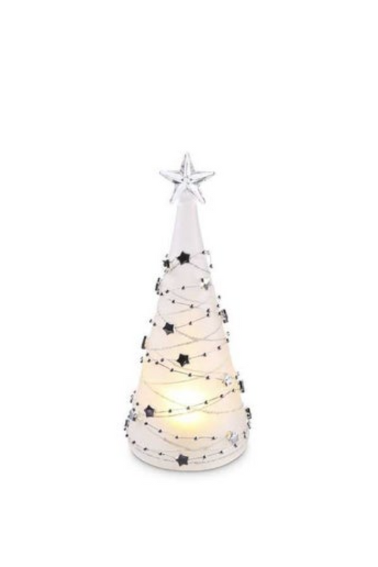 8 Inch Frosted Glass LED Christmas Tree w/Silver Star Garland