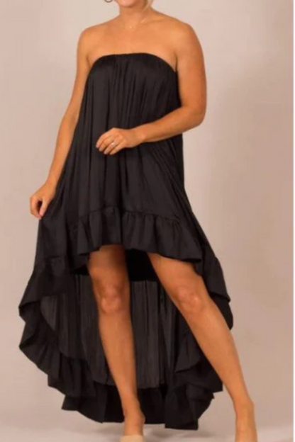 In Too Deep Satin Ruffle Strapless Dress- BLACK