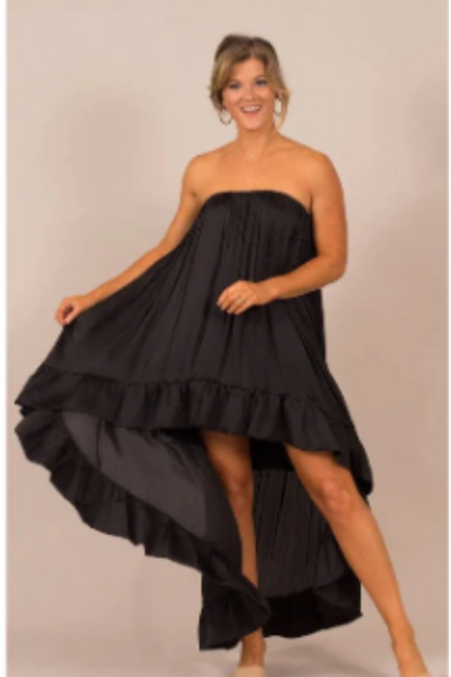 In Too Deep Satin Ruffle Strapless Dress- BLACK