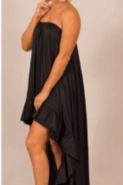 In Too Deep Satin Ruffle Strapless Dress- BLACK