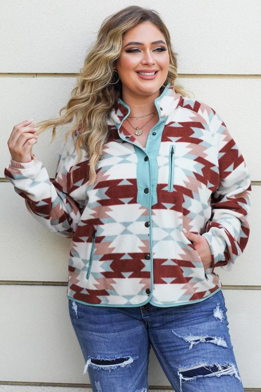 Plus Size Geometric Western Pattern Fleece Jacket