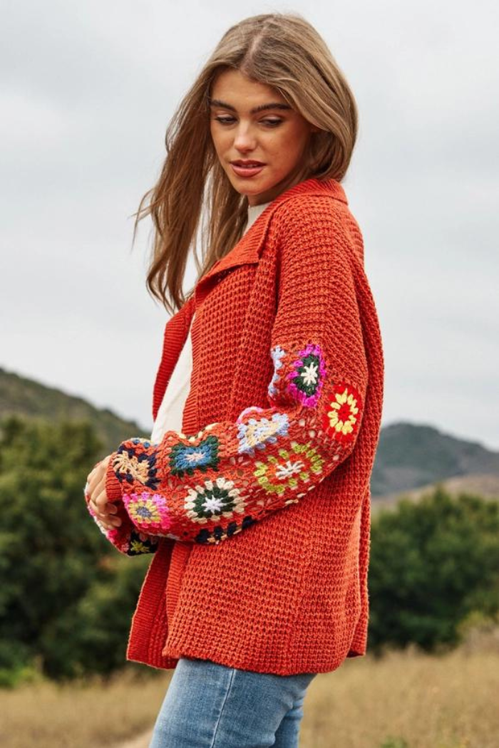 Crochet Floral Printed Long Sleeve Knit Cardigan