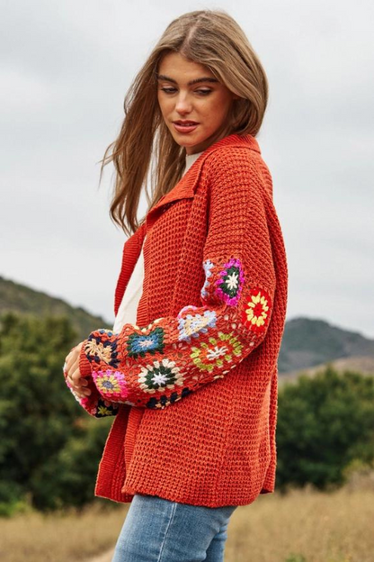 Crochet Floral Printed Long Sleeve Knit Cardigan