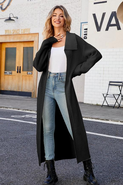 Plus Women Waffle Knit Lapel Long Length Cardigan