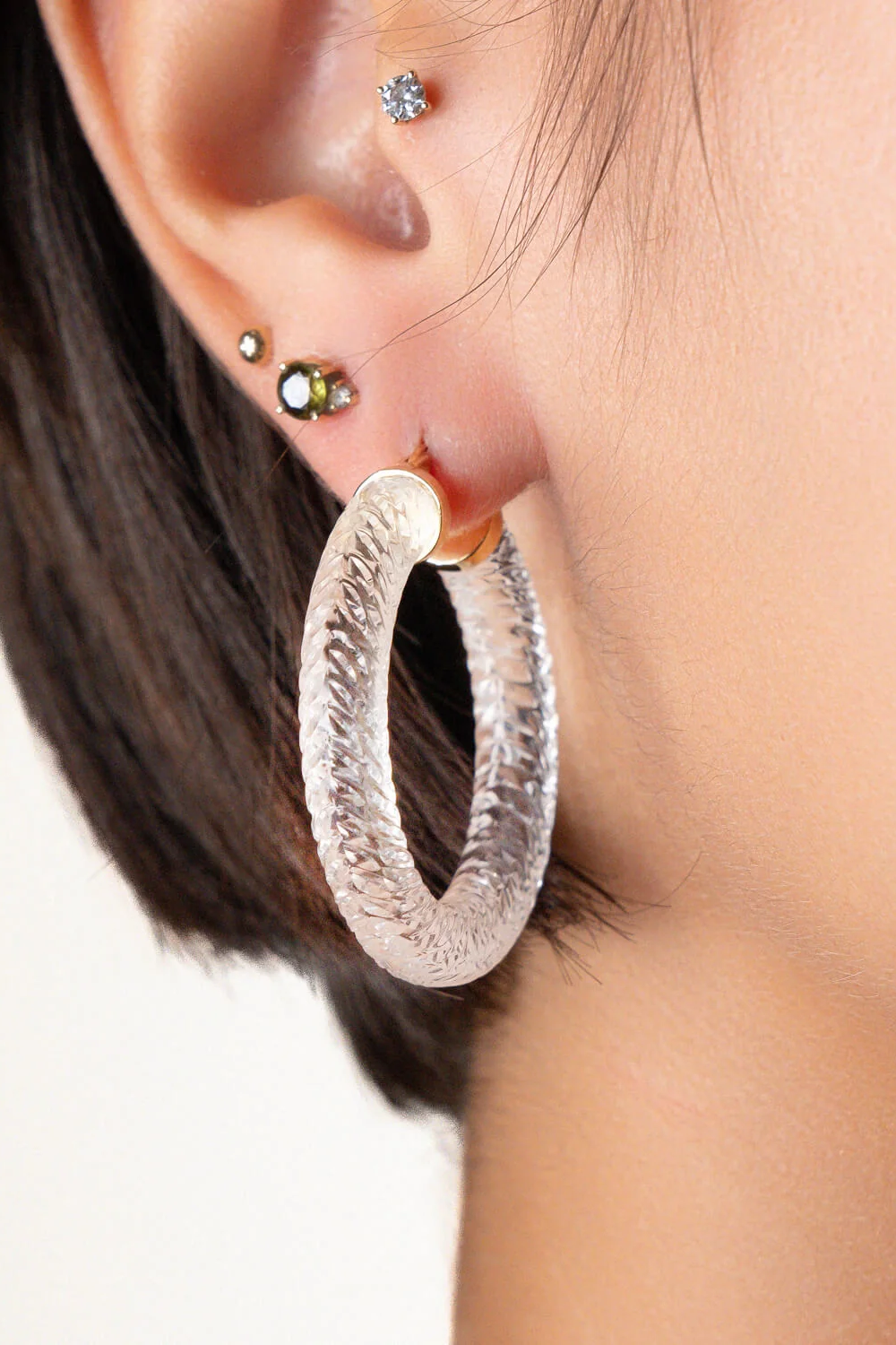 Clear Diamond/Cable cut Hoop Earrings