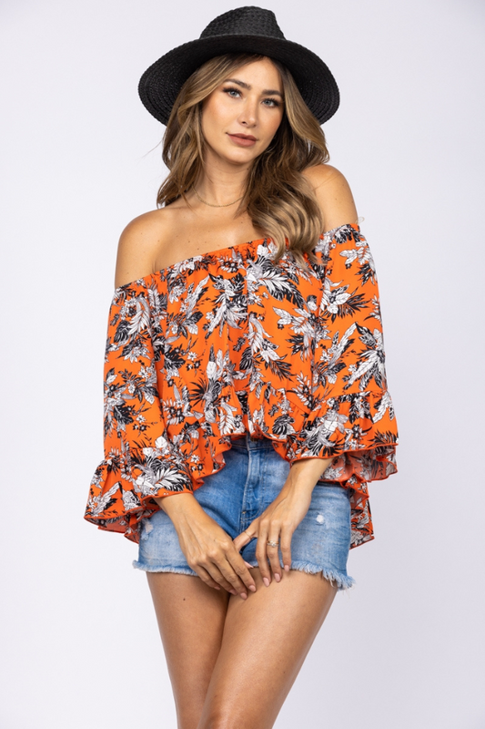 Orange Off Shoulder Floral Top