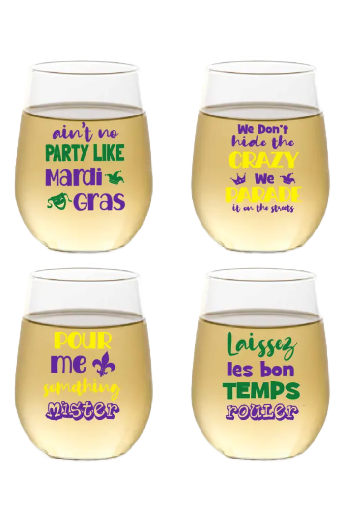 MARDI GRAS INSPIRED SHATTERPROOF WINE GLASS S/4