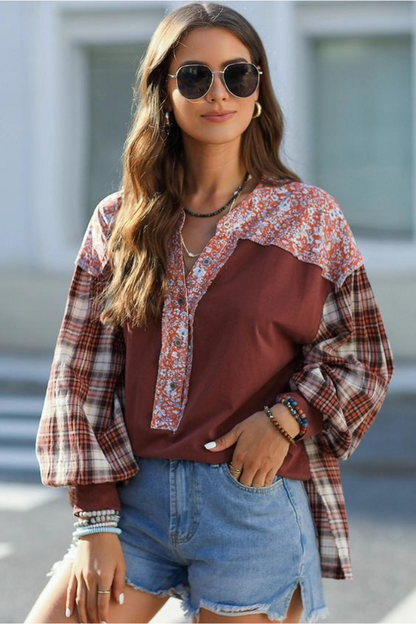 Floral Plaid Mixed Print Bishop Sleeve Patchwork Top
