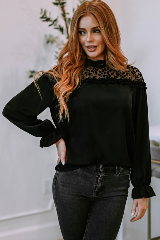Leopard Lace Ruffle L/S Blouse